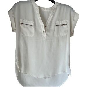 White Women's Top ✨ Brass Buttons + Faux Zip Pockets